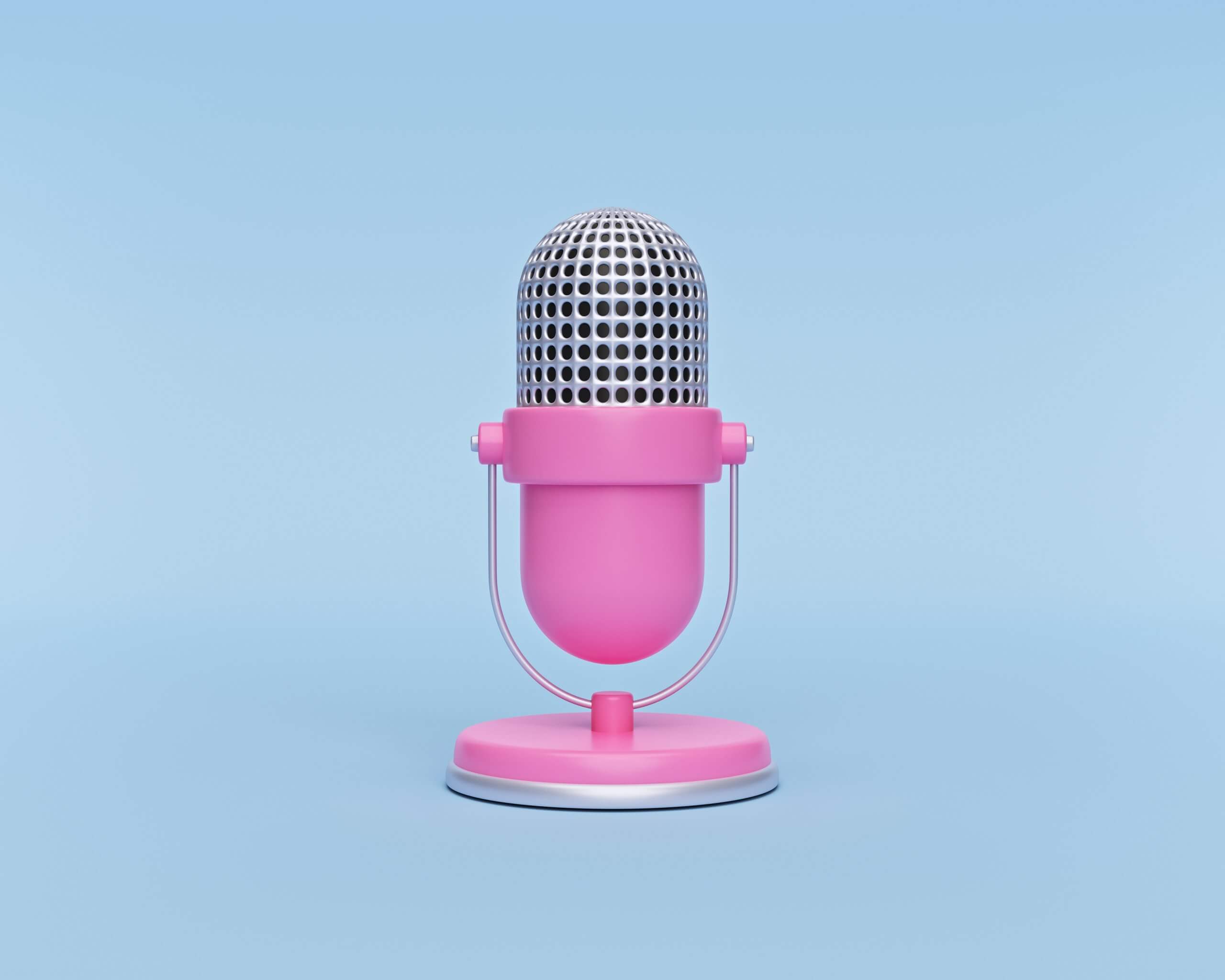 Cute,Pink,Retro,Microphone,Isolated,On,Pastel,Blue,Background.,Minimal