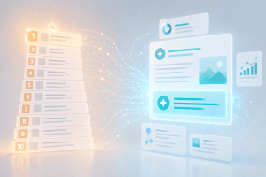 Split visual contrasting a traditional Google search ranking ladder on the left with an AI citation panel on the right