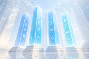Four luminous architectural columns representing the four pillars of AEO content structure rising from a dark background