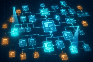Aerial view of a content map with glowing teal nodes indicating AEO-ready pages and amber nodes indicating optimization gaps