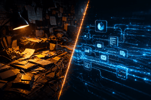 Split visual contrasting traditional manual marketing operations with an automated AI-powered workflow system