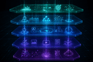 Illustrated architecture of the five AI marketing workflow layers from intelligence to measurement