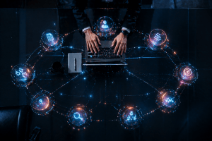 Agency team reviewing AI workflow output reports showing content production metrics and performance data