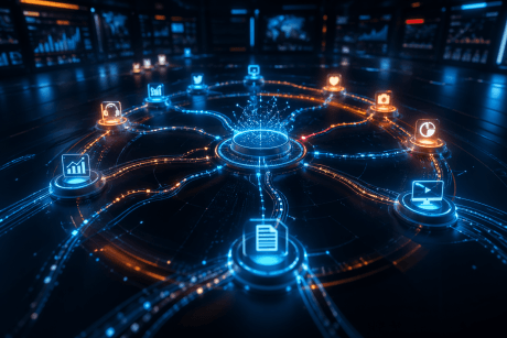 Diagram showing the five layers of an AI marketing workflow connected by data streams on a dark navy background