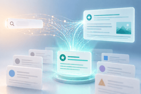 Glowing brand citation card rising above competing search results inside an AI answer interface on a dark navy background