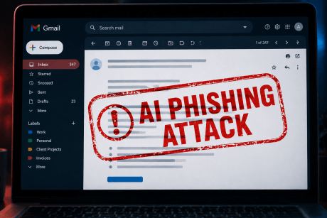 Gmail-style email interface with a bold red AI Phishing Attack stamp overlaid diagonally, representing the threat of AI-powered podcast invitation scams targeting entrepreneurs