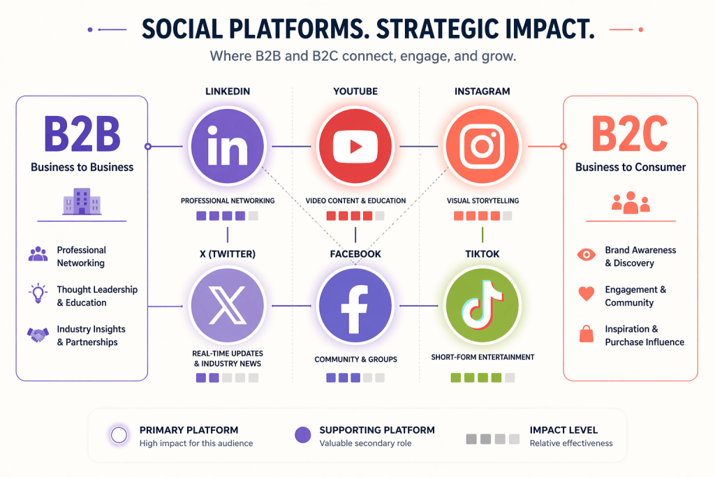 Infographic matrix showing which social media platforms are primary and supporting channels for B2B versus B2C businesses with rating indicators for each platform
