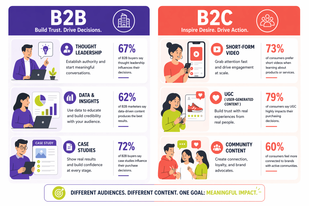 Infographic comparing B2B and B2C social media content formats in 2026 showing thought leadership and case studies for B2B against short-form video and user generated content for B2C