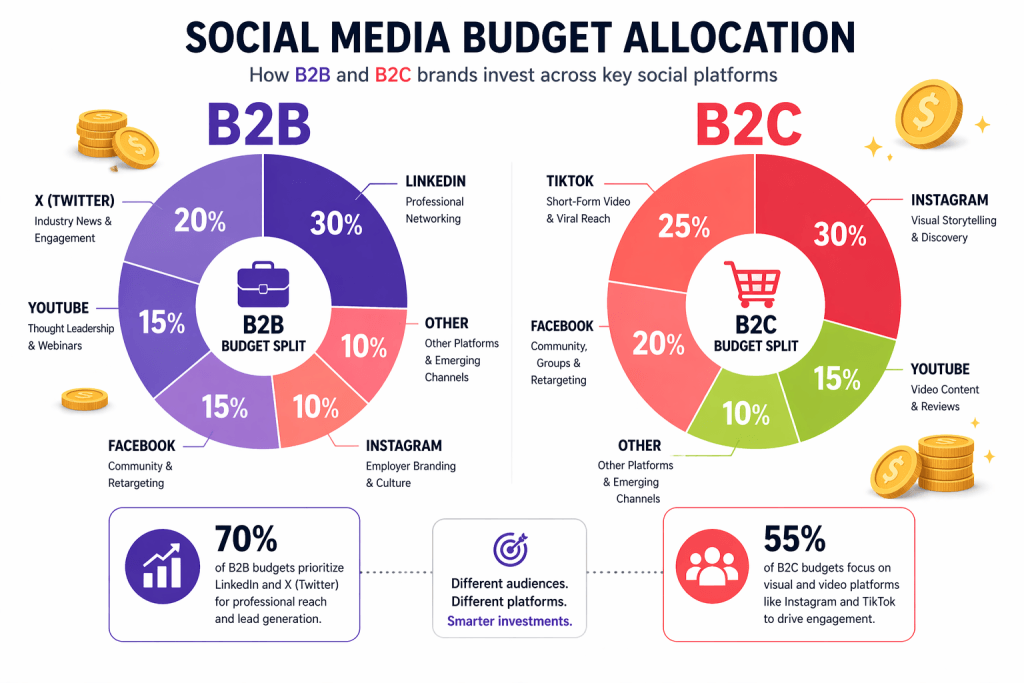 Infographic showing recommended social media budget allocation split between platforms for B2B and B2C businesses in 2026 with percentage breakdowns by channel
