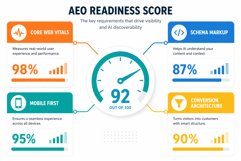 Infographic diagram showing the four technical requirements for an AEO-ready WordPress website in 2026 including Core Web Vitals, schema markup, mobile-first design, and conversion architecture