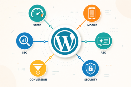 Infographic illustration showing WordPress as the central hub connected to six surrounding icons representing speed, mobile design, SEO, AEO, conversion, and security for small business websites